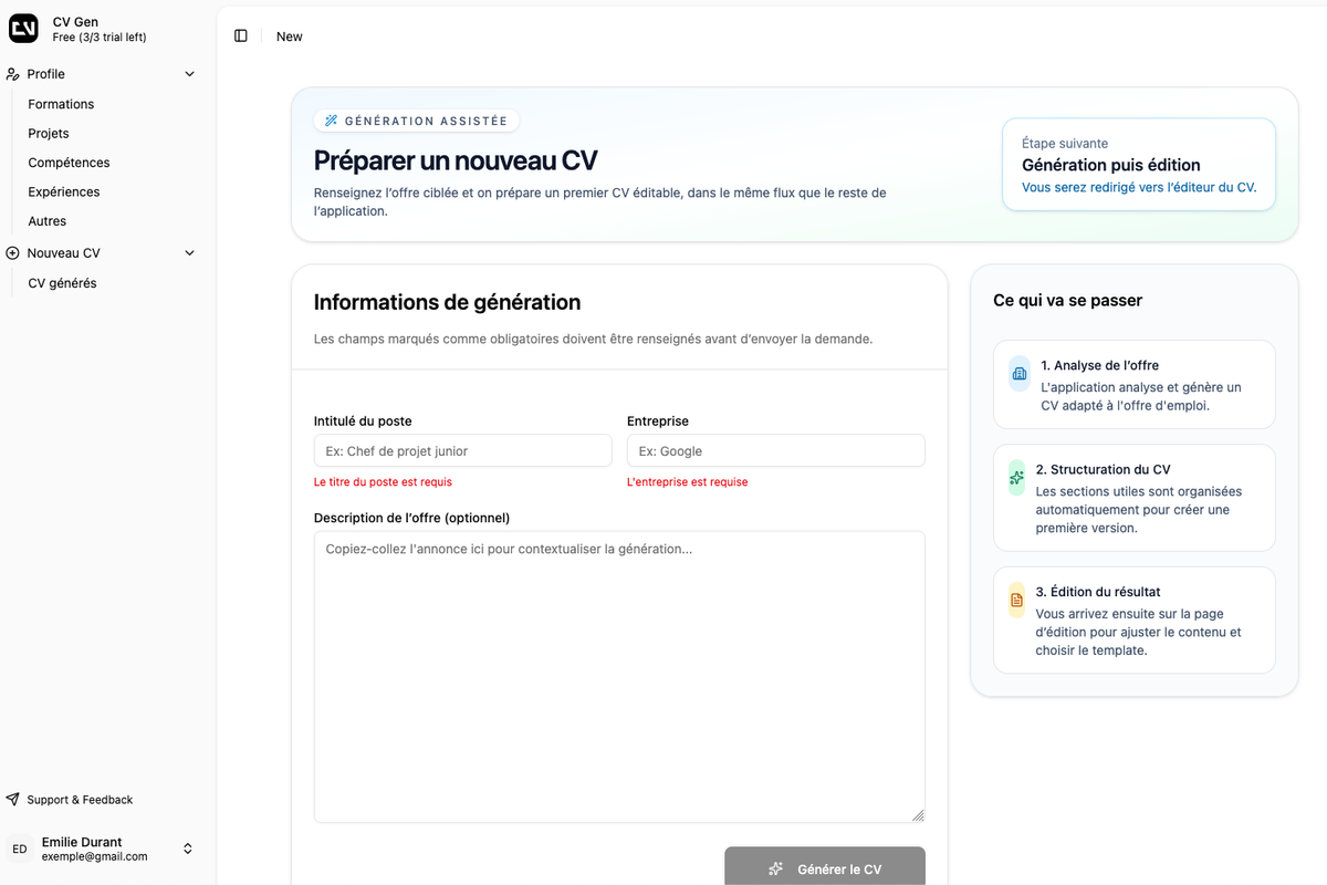 Aperçu de l'application CV Gen